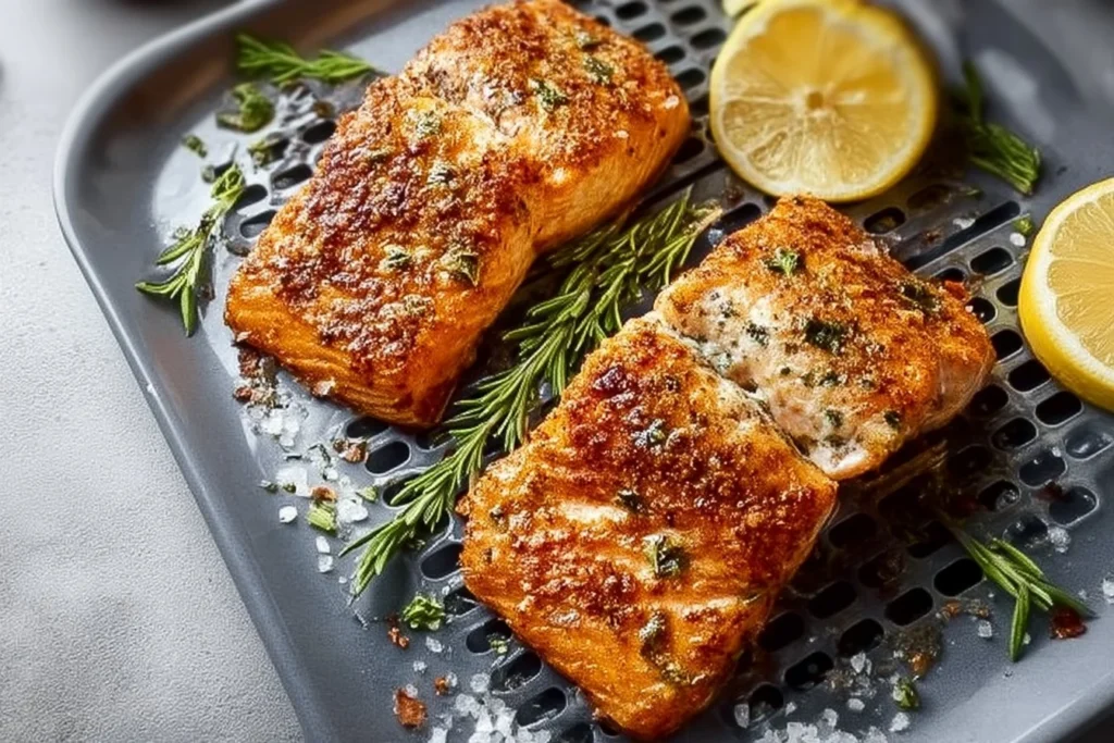 Delicious air fryer salmon cooked to perfection with herbs and spices