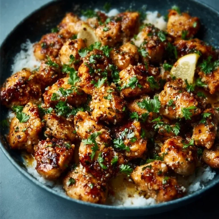 Garlic Butter Chicken Bites served on a plate with herbs and garlic seasoning