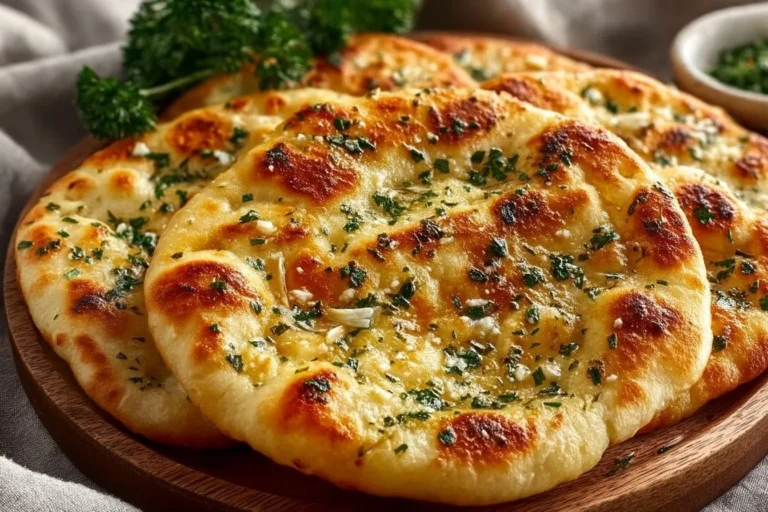 Golden garlic flatbread cooked in an air fryer, served on a plate.
