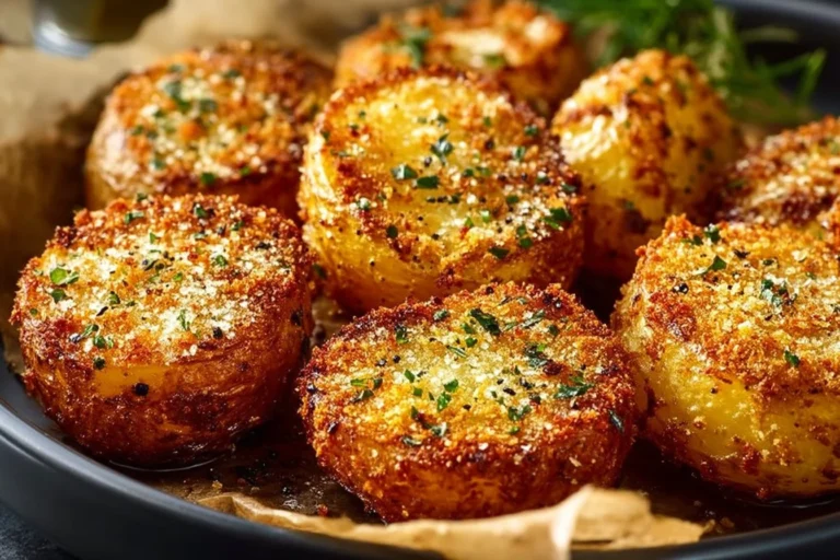 Golden air fryer parmesan crusted potatoes served in a bowl