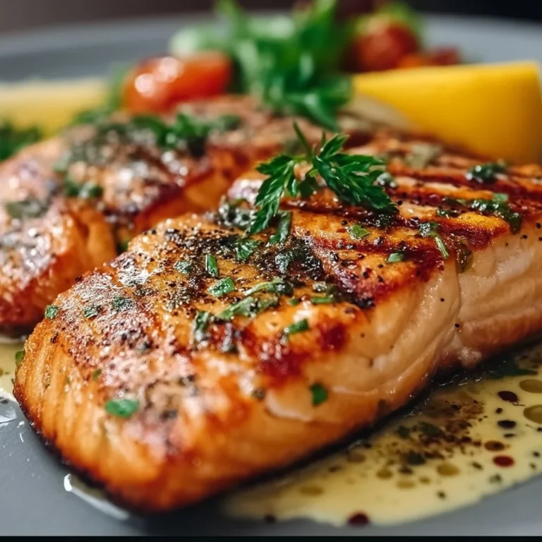 Perfectly grilled salmon fillet with herbs and spices on a plate