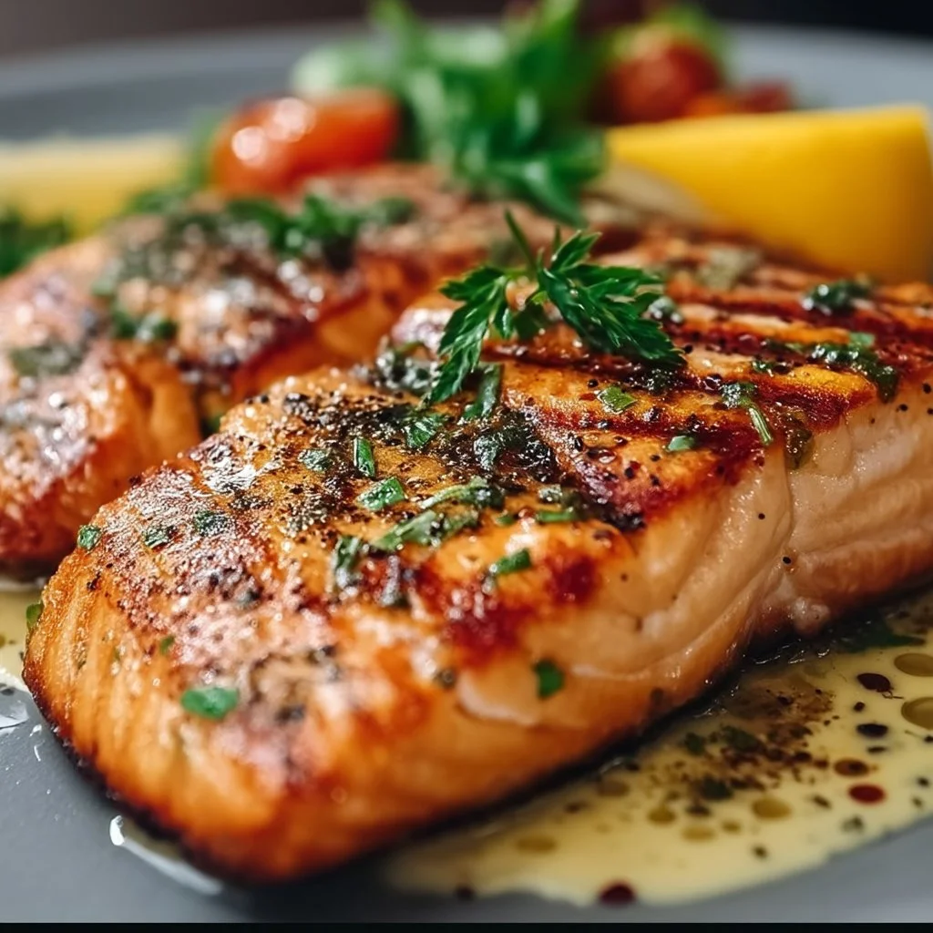 Perfectly grilled salmon fillet with herbs and spices on a plate