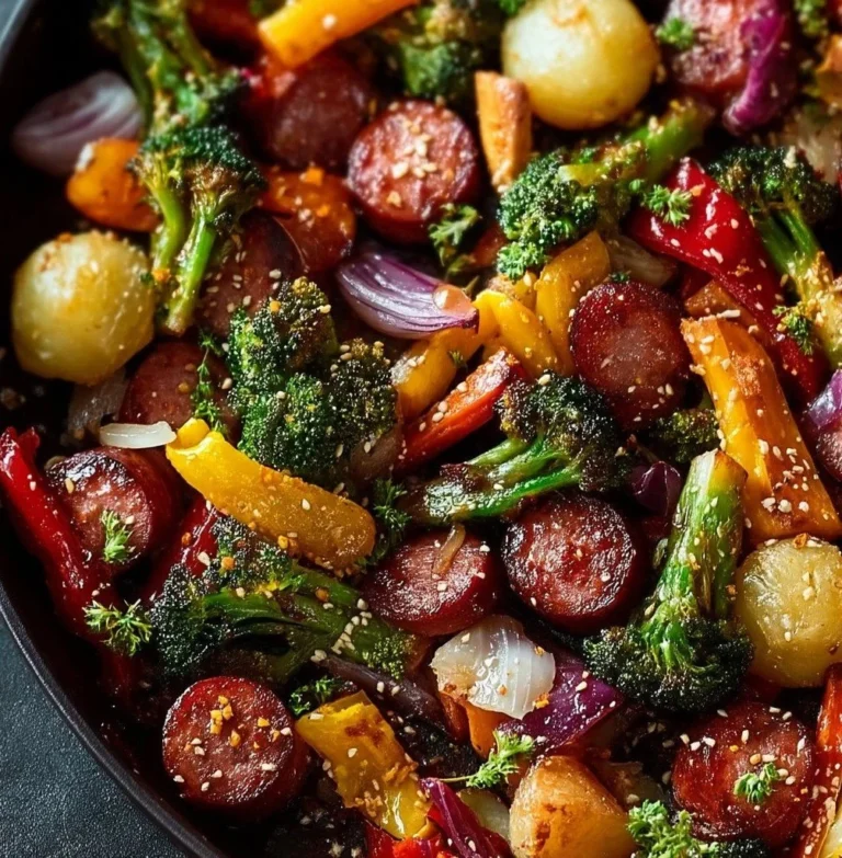 Honey Garlic Kielbasa sheet pan dinner with vegetables