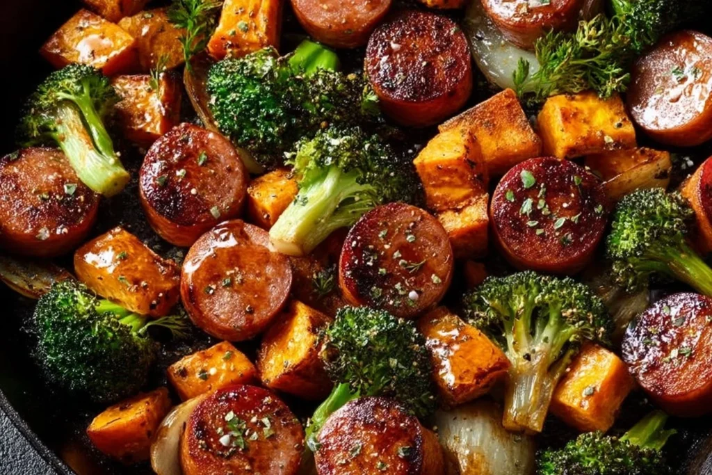 Honey Garlic Sausage with sweet potatoes on a sheet pan dinner