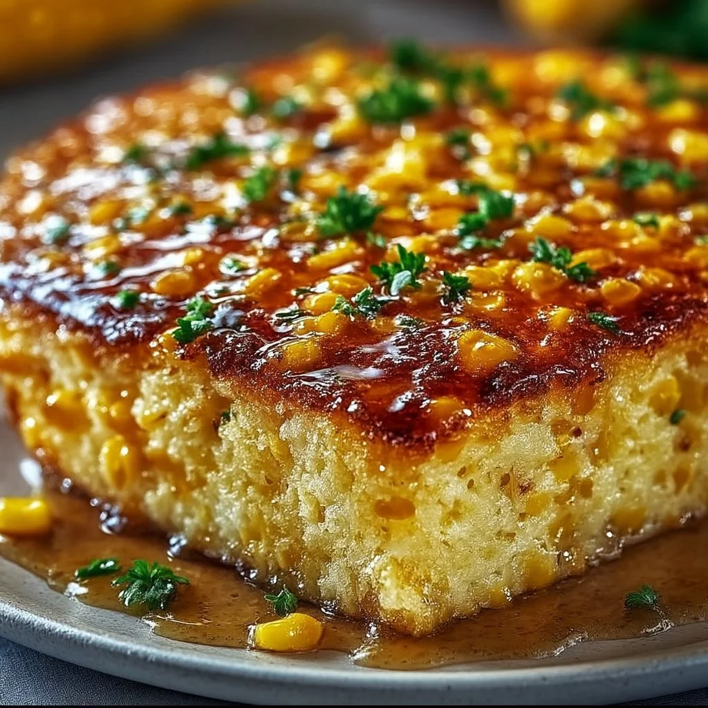 Honey glazed corn casserole topped with a golden crust and fresh herbs