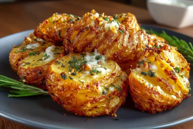 Crispy air fryer sliced potatoes served on a plate with herbs.