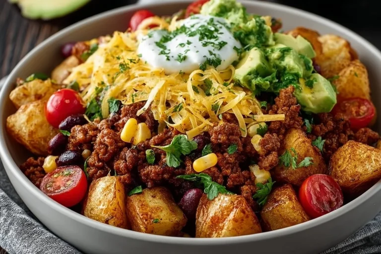 Delicious Loaded Potato Taco Bowl topped with fresh ingredients and flavors.