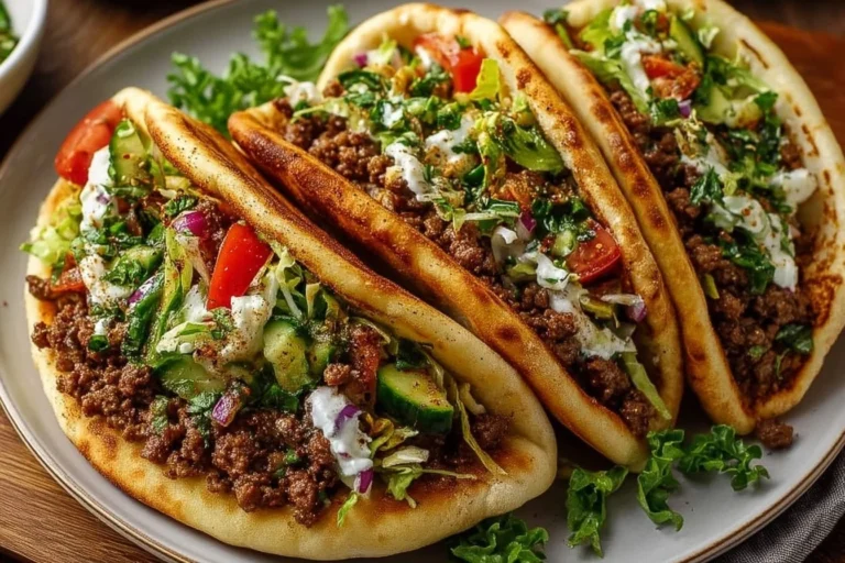 Mediterranean ground beef pita pockets filled with fresh ingredients