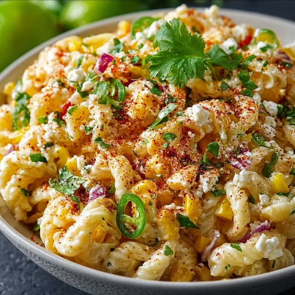 Delicious Mexican Street Corn Pasta Salad in a colorful bowl.