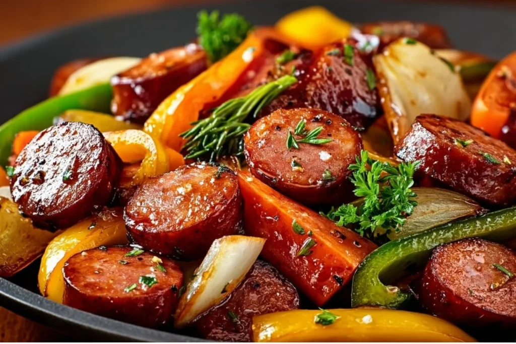 One-Pan Honey Garlic Kielbasa with colorful veggies