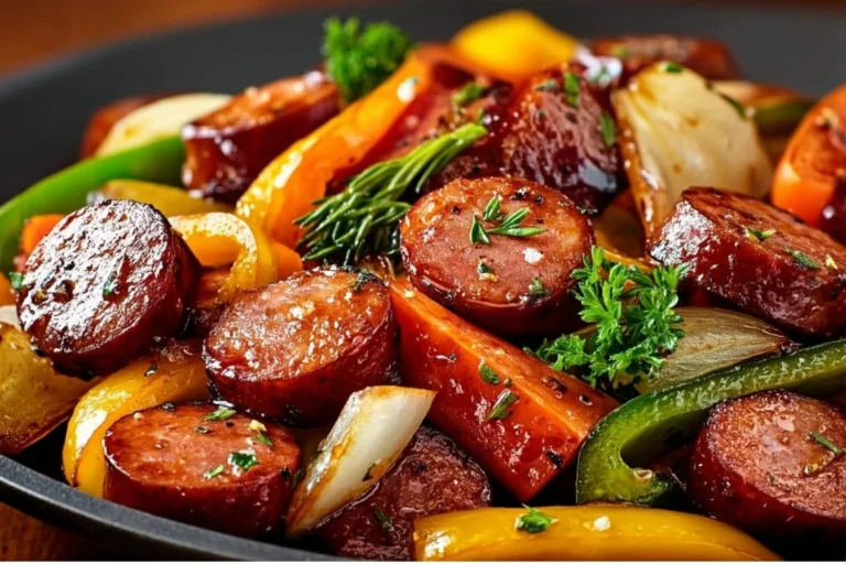One-Pan Honey Garlic Kielbasa with colorful veggies