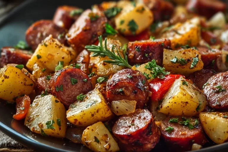 One pan kielbasa and potatoes dish served in a skillet with vegetables.