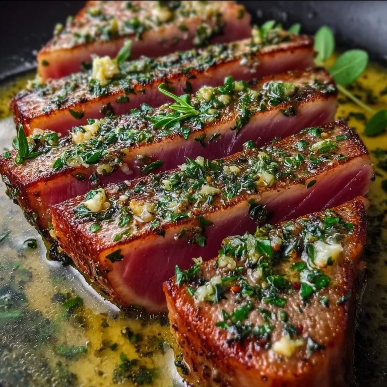 Pan-seared tuna steaks garnished with garlic herb butter on a plate