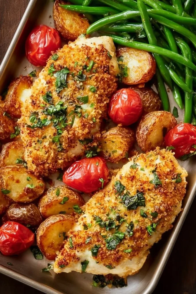 Delicious Parmesan Crusted Chicken Sheet Pan Dinner with vegetables