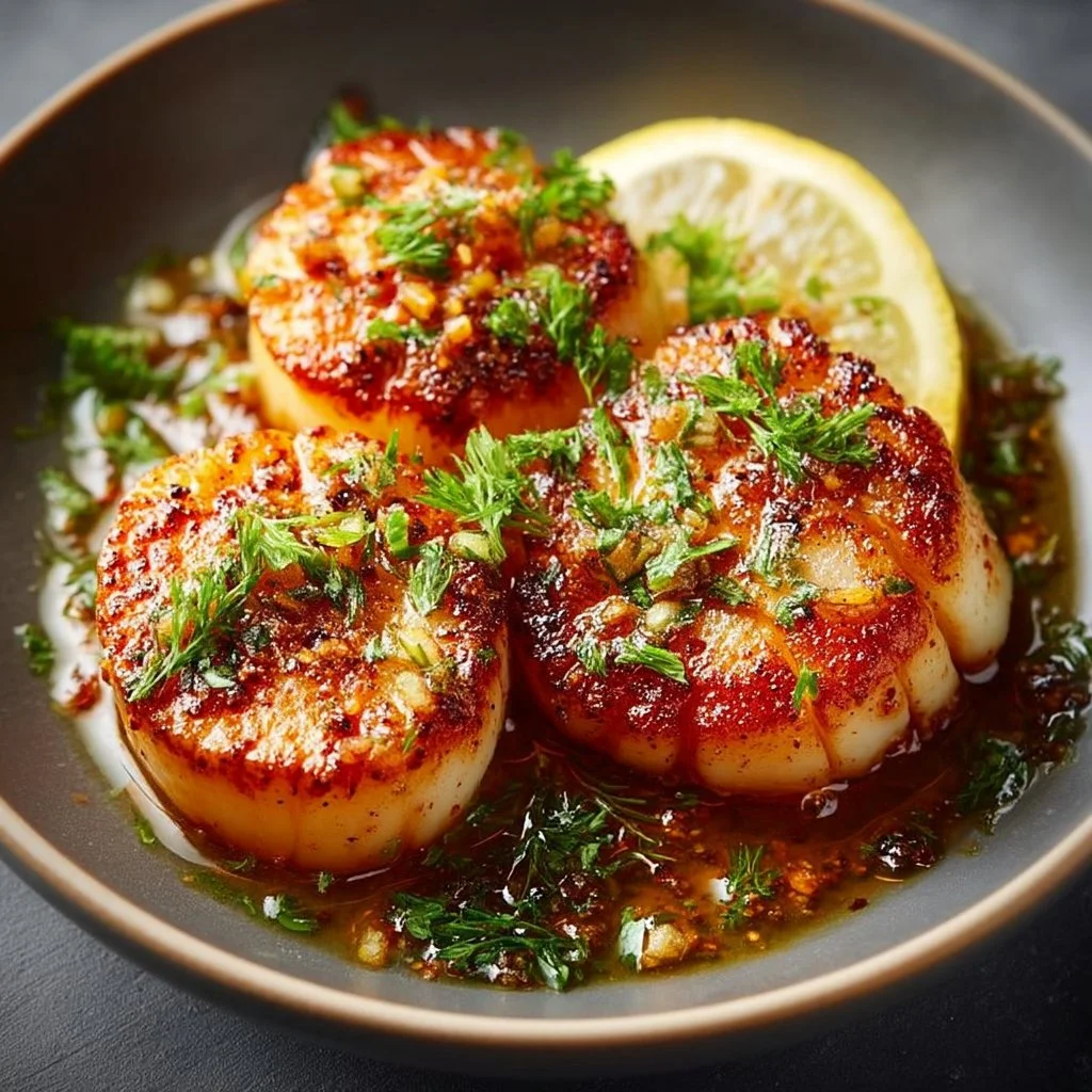 Delicious air fryer scallops plated with herbs and lemon