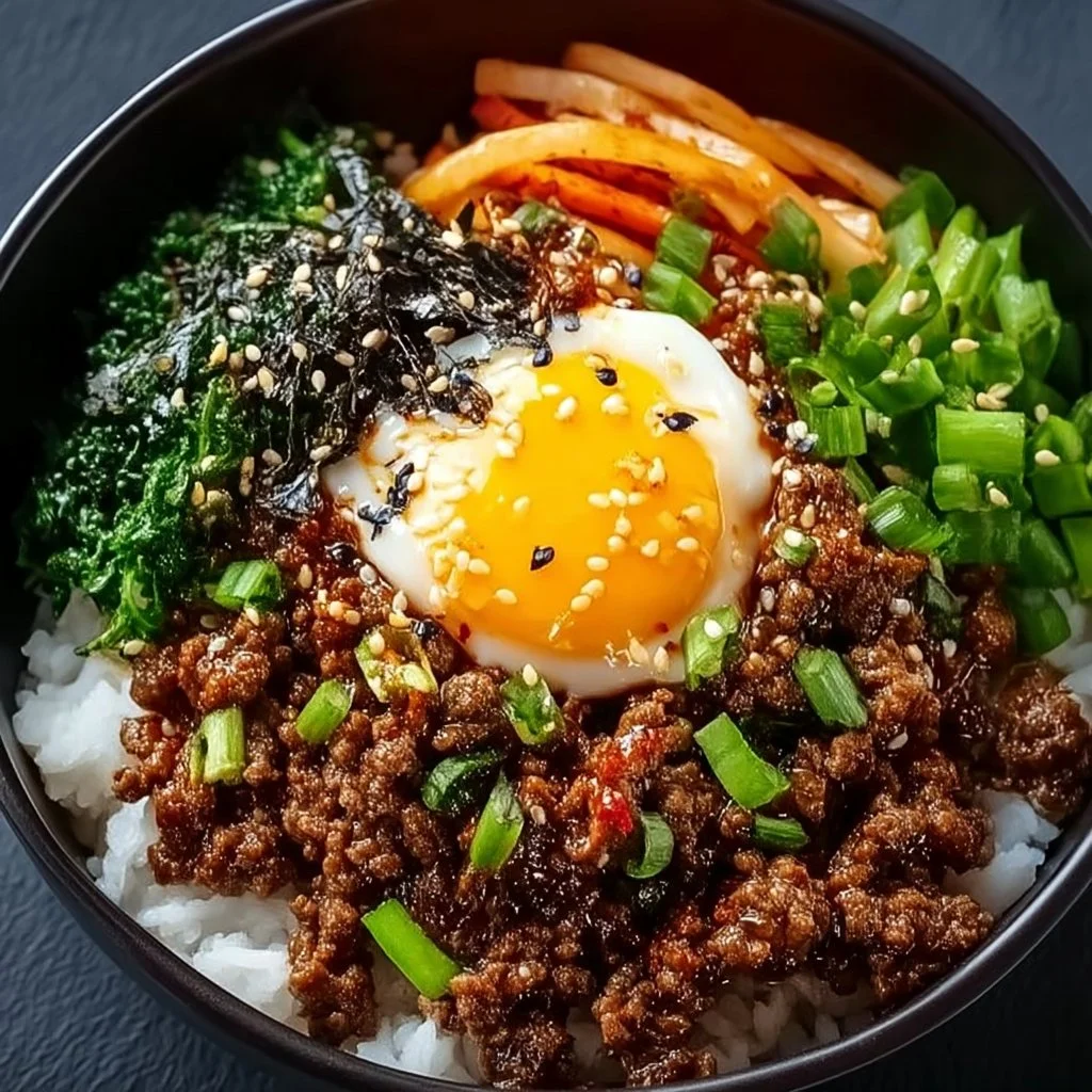 Savory Korean Ground Beef bowl served with vegetables and rice