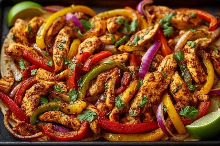 Sheet Pan Chicken Fajitas with colorful peppers and onions on a baking tray