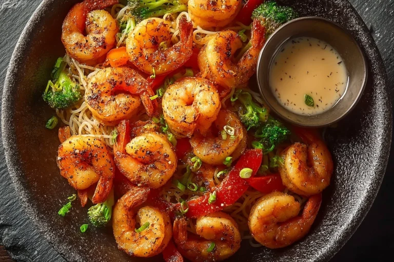 Shrimp stir fry with noodles served in a bowl garnished with fresh herbs