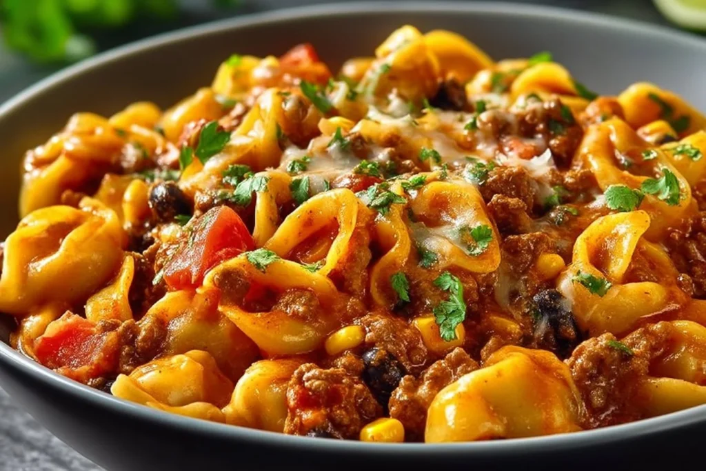 Bowl of simple one-pot taco pasta with toppings like cheese and cilantro