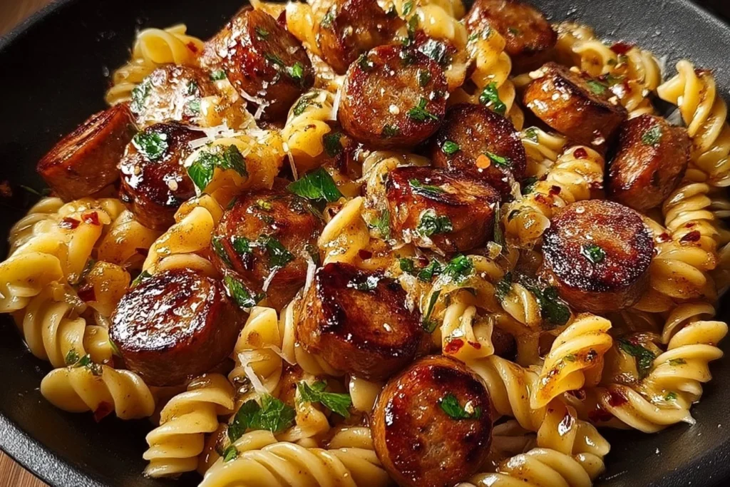 Sticky honey garlic sausage pasta skillet with vegetables