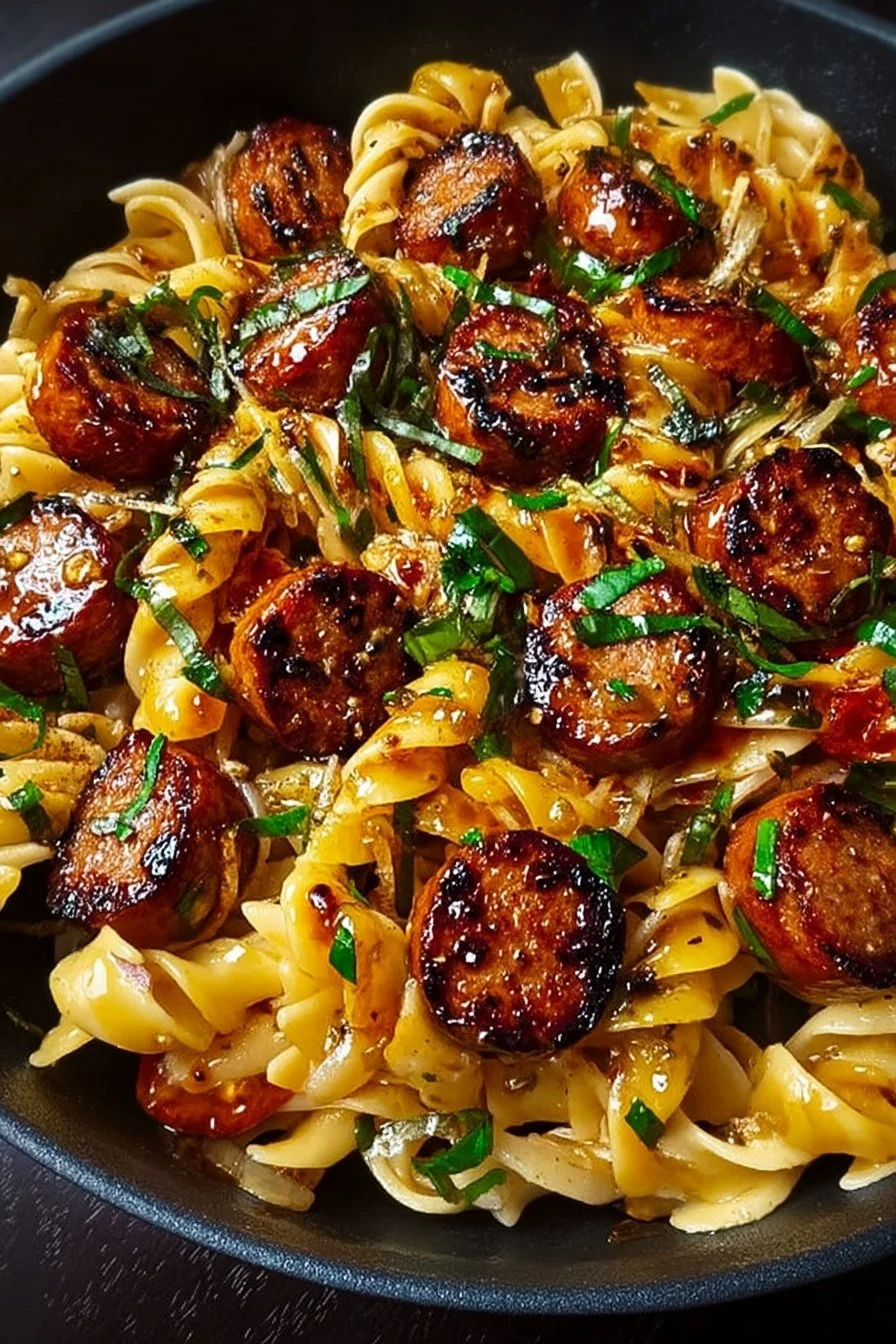 Sticky Honey Garlic Sausage Pasta Skillet