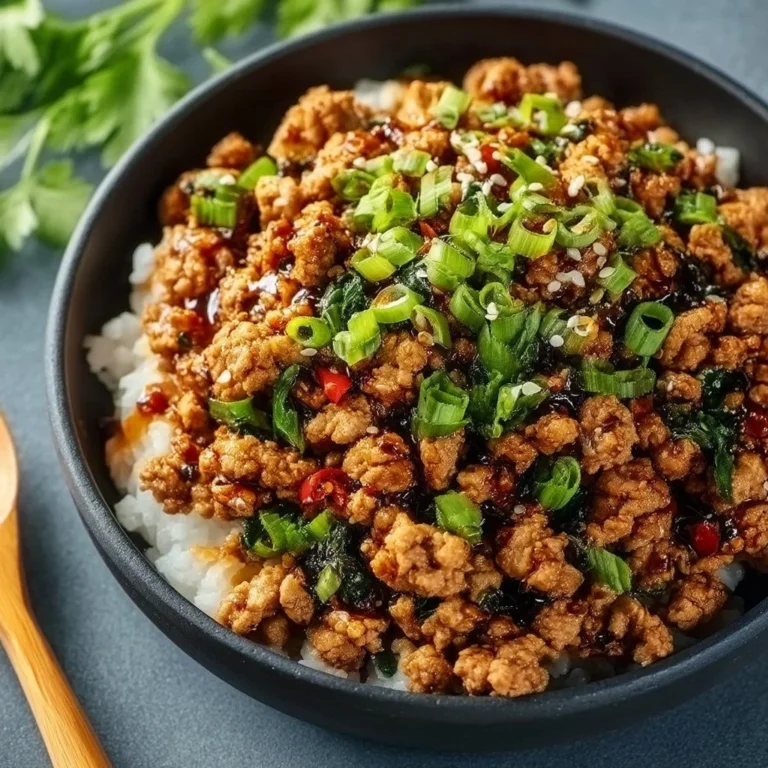 Honey garlic ground turkey dish garnished with vegetables