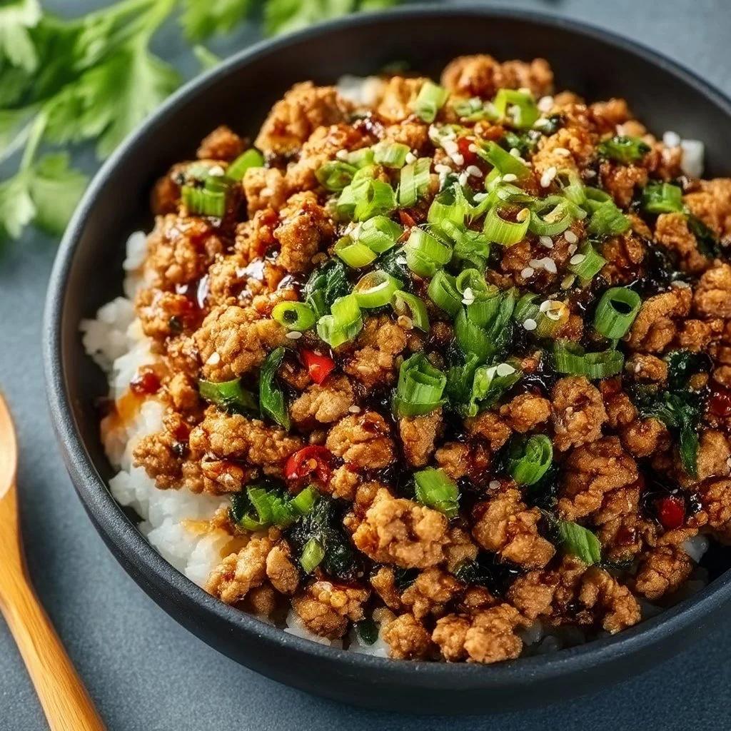 Honey garlic ground turkey dish garnished with vegetables