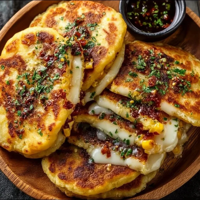 Venezuelan Sweet Corn Cachapas served with cheese and sauce