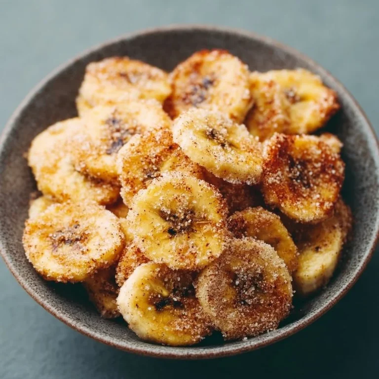 Crunchy air fryer banana chips with cinnamon sugar topping on a white plate.