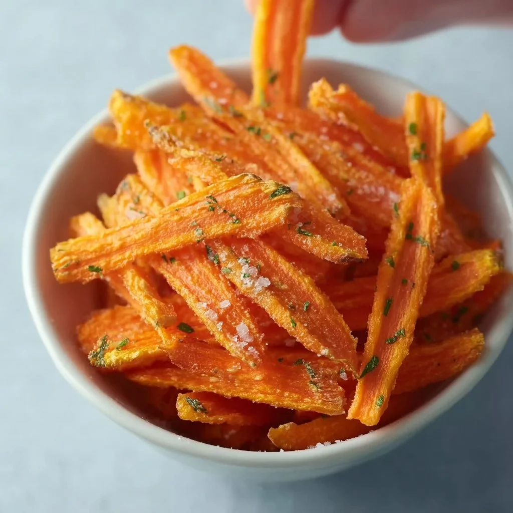 Air fryer carrot chips served in a bowl, crunchy and healthy snack.
