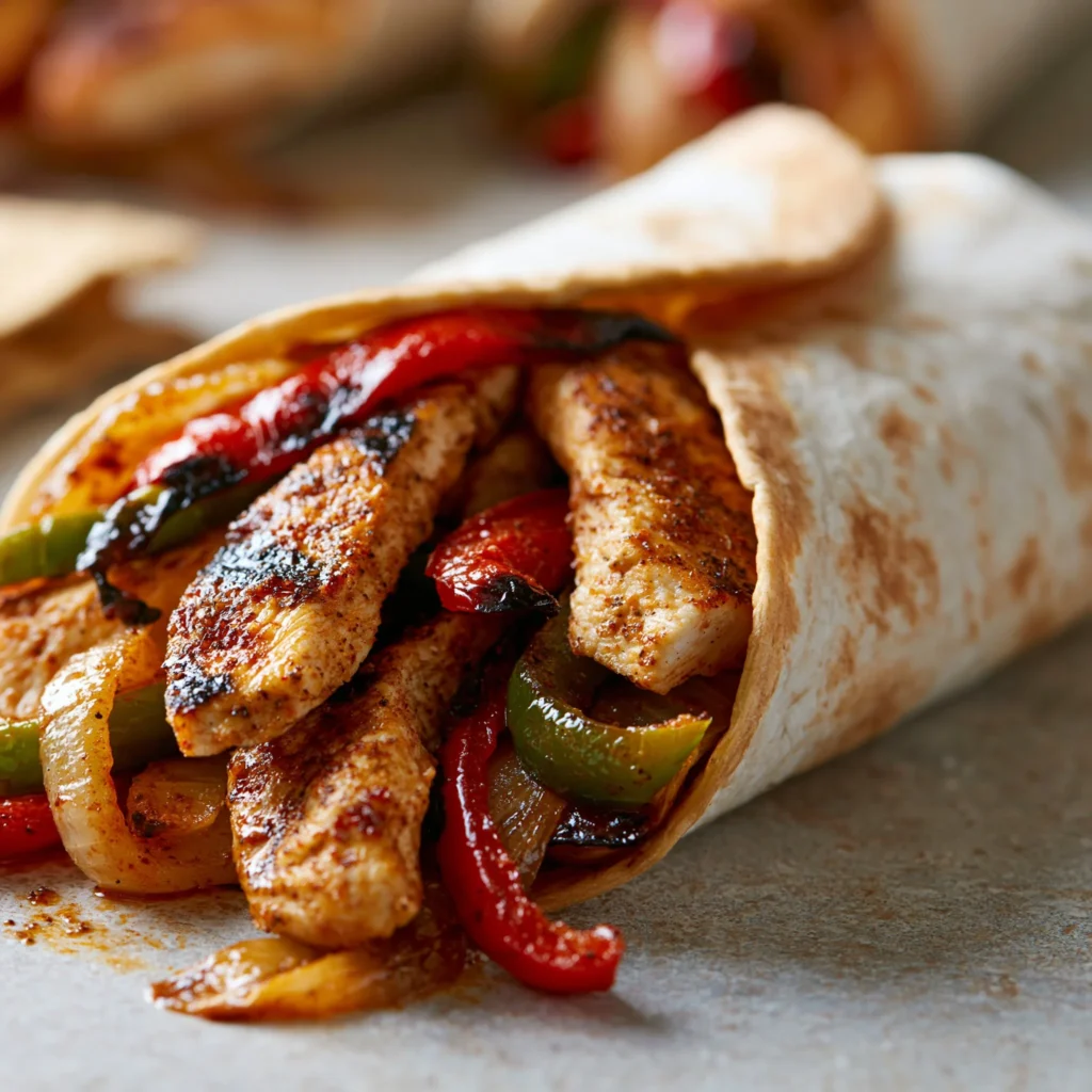 Air fryer chicken fajitas with colorful peppers and onions.