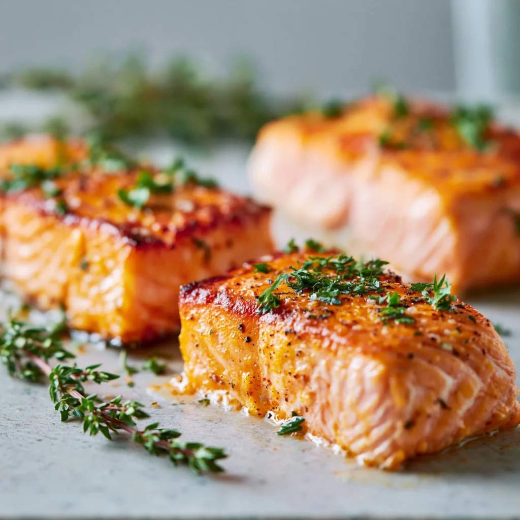 Delicious air fryer fresh salmon plated with herbs and lemon slices