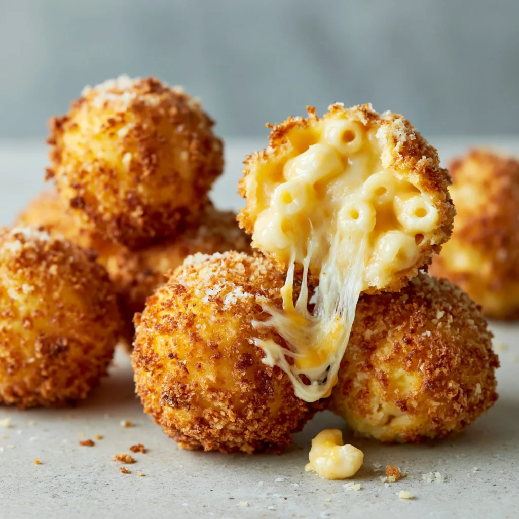 Crispy air fryer fried macaroni and cheese balls on a plate
