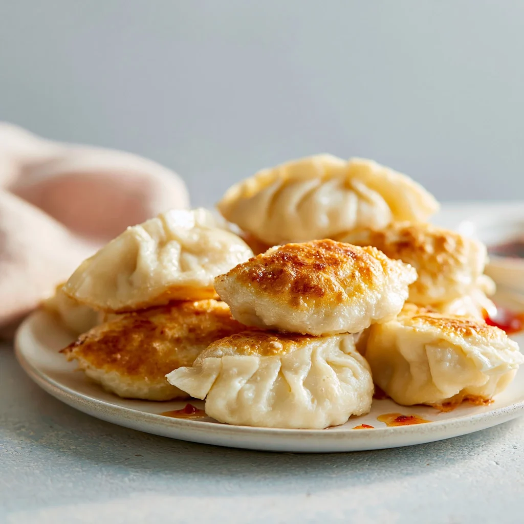 Crispy air fryer frozen dumplings served on a plate