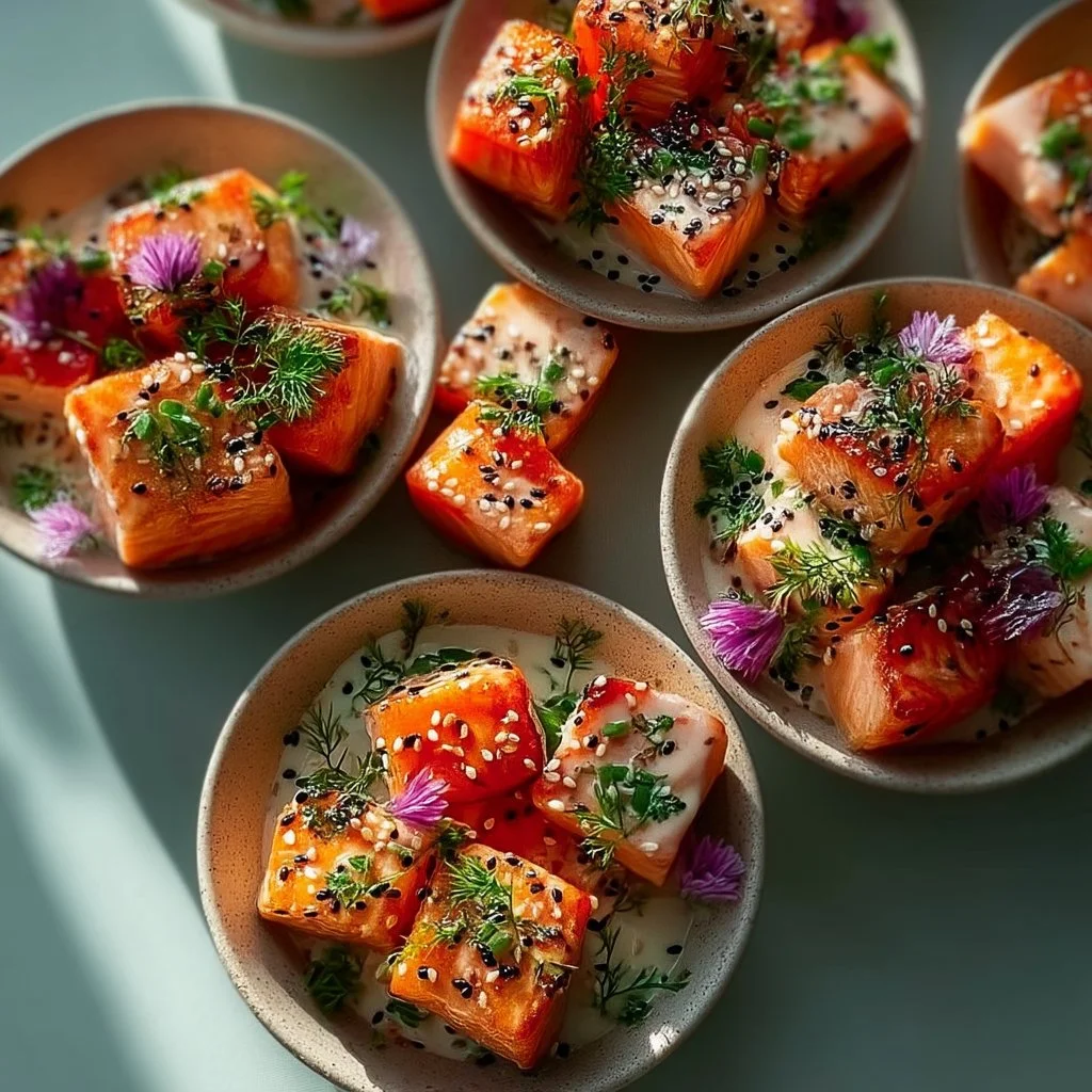 Delicious Bang Bang Salmon Bites served in a vibrant bowl.