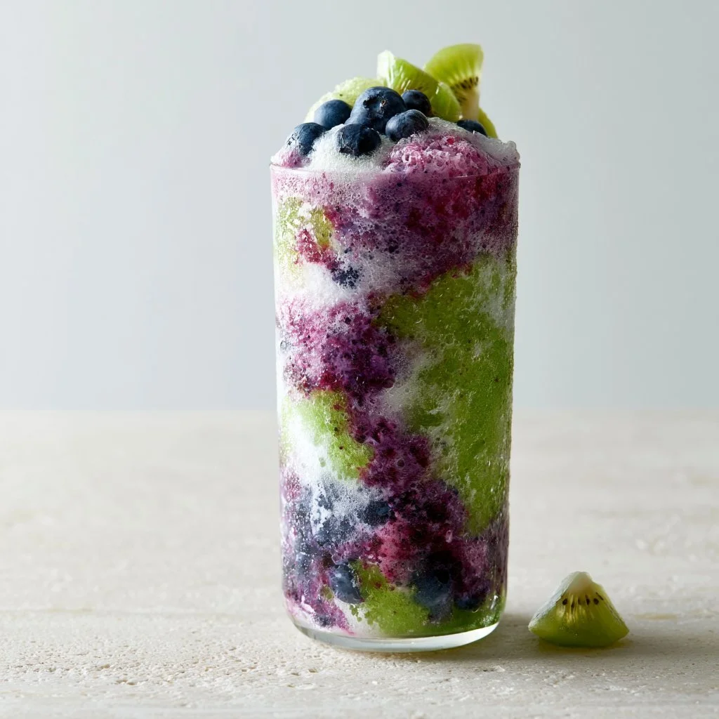 Blueberry Kiwi Shock Frappuccino served in a clear glass with fruit garnish