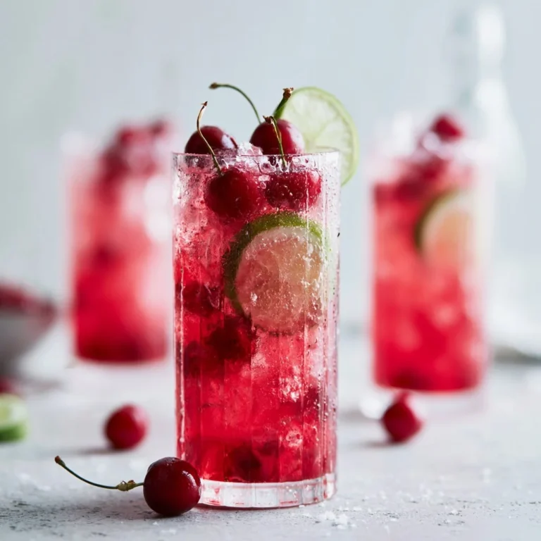 Refreshing Cherry Limeade drink with cherries and lime slices