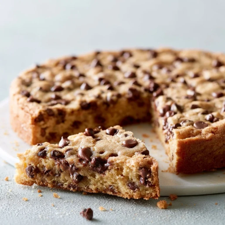 Delicious chocolate chip cookie cake with chocolate chips and frosting