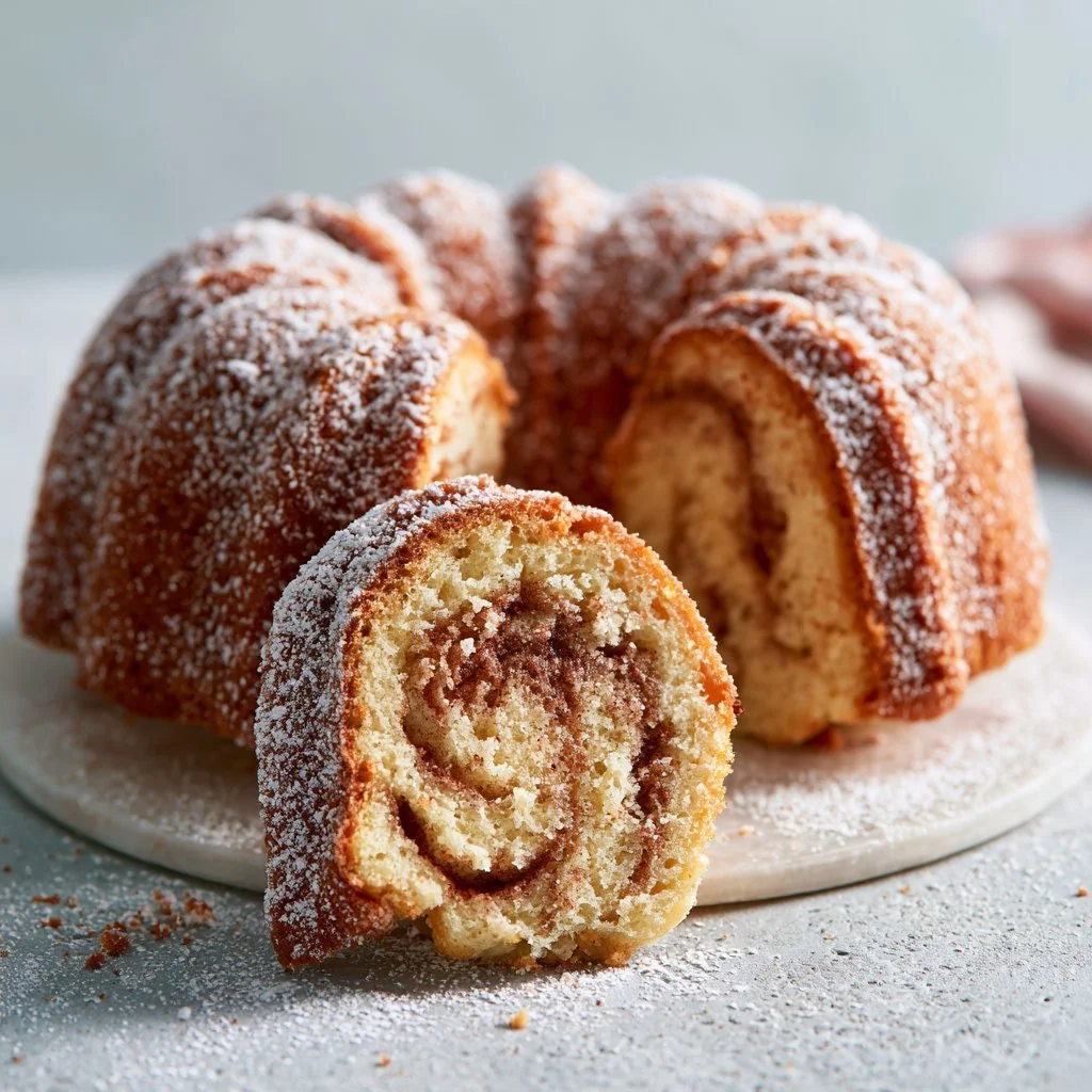A delicious cinnamon swirl bundt cake garnished with icing and served on a plate.