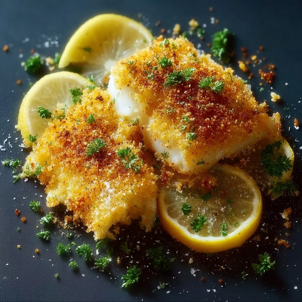 Crispy air fryer cod fillets served with lemon and herbs