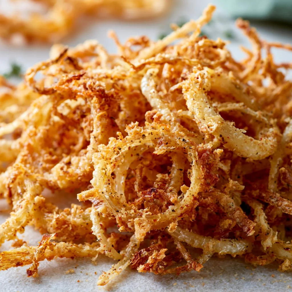 Plate of crispy air fryer onions snacks topped with spices and herbs.