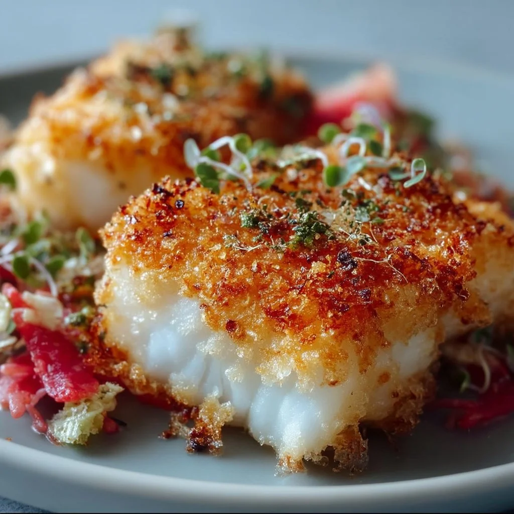Crispy and flaky air fryer cod served on a plate with lemon