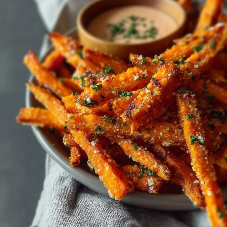 Bowl of crispy oven baked sweet potato fries on a wooden table