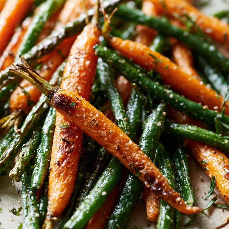 Crispy roasted carrots and green beans served on a plate
