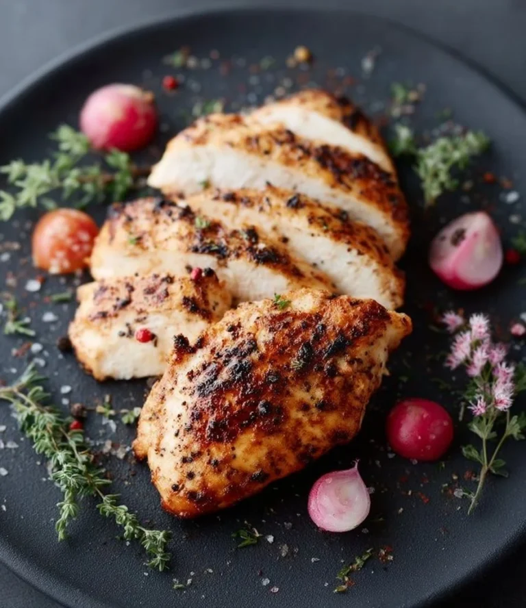 Juicy air fryer grilled chicken breast served with vegetables