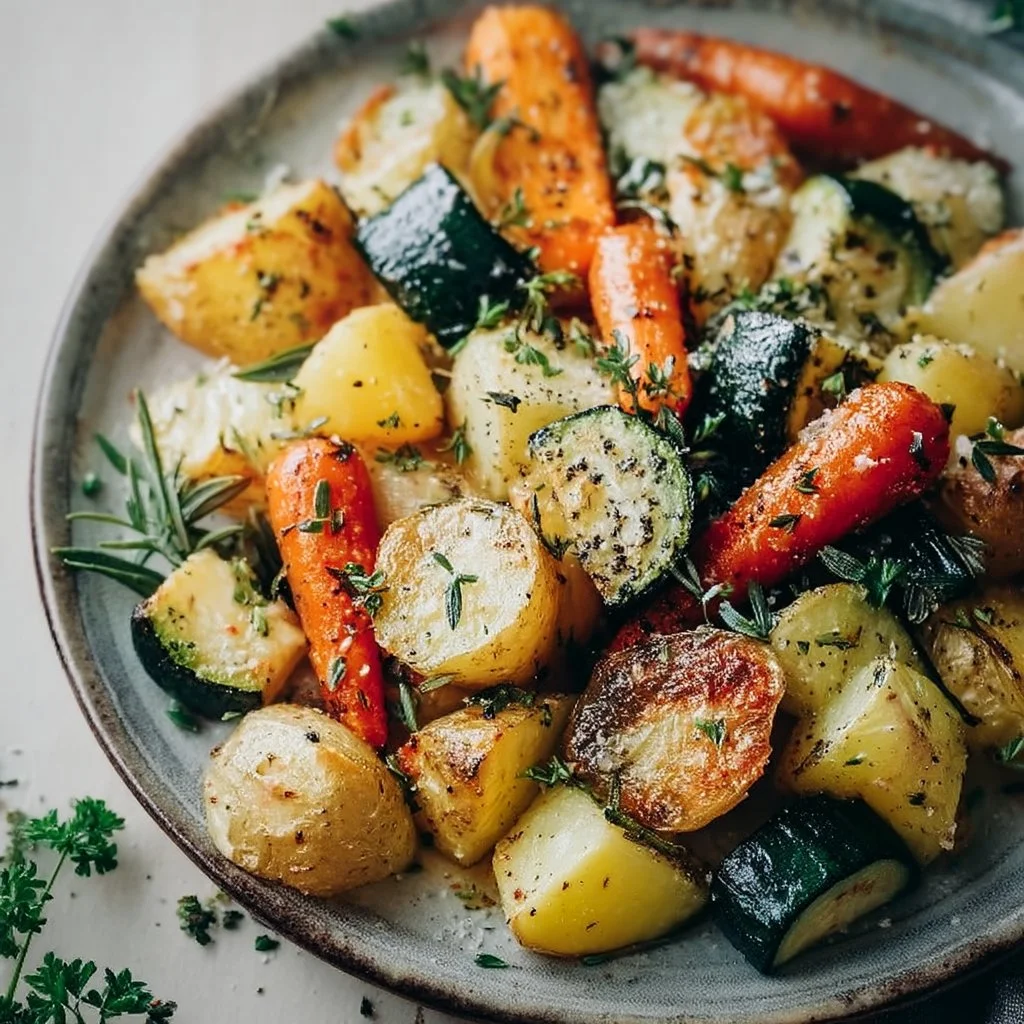 Garlic herb roasted potatoes, carrots, and zucchini served in a dish.