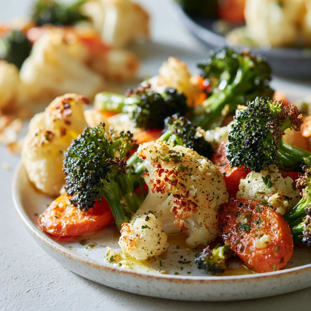 A vibrant plate of garlic roasted vegetables, showcasing colorful and healthy ingredients.