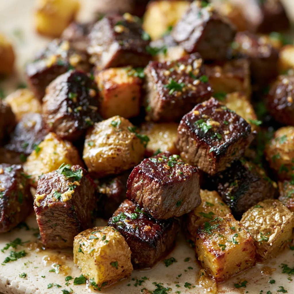 Garlic steak bites with roasted potatoes served on a plate.