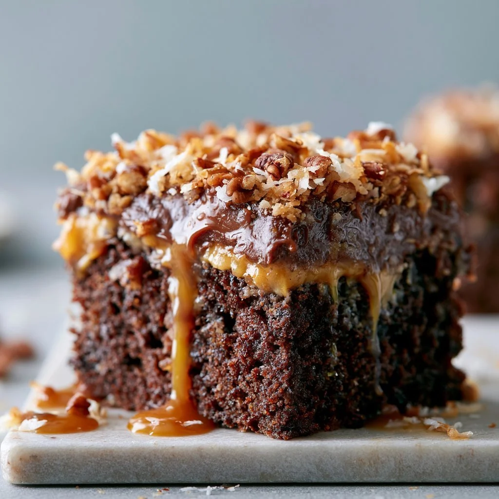 Slice of German Chocolate Poke Cake topped with coconut and pecans