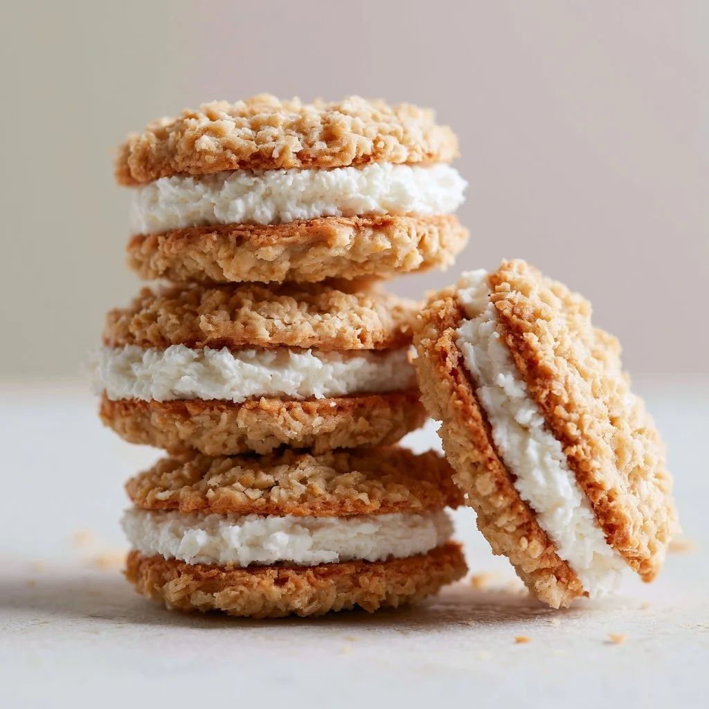 Homemade oatmeal cream pies with creamy filling between soft cookies